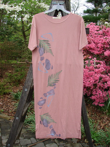 1996 Long Tee Dress Fern Stone Petal Altered Size 0, featuring a rounded paneled neckline, short wide sleeves, seamless front and back, and a pegged vented hemline with signature Blue Fish patch.