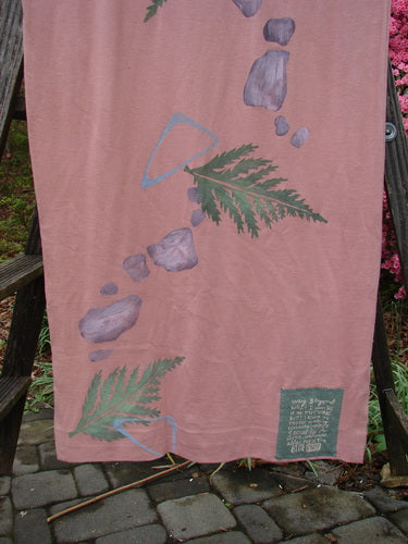 1996 Long Tee Dress Fern Stone Petal Altered Size 0, featuring green leaf patterns and blue ink on a pink organic cotton fabric, with a rounded neckline and seamless front and back.