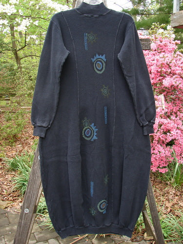 1996 Thermal Day Dress Abstract Black Size 0 featuring a long black design with a floral pattern, ribbed cuffs and hemline, mock ribbed neck, and hourglass shape.