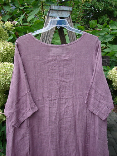 Barclay NWT Linen Wave Pocket Dress Dried Floral Tulsi Rose Size 0, a loose-fitting tunic with a round neckline, three-quarter sleeves, and front pockets, displayed on a hanger against a wooden trellis outdoors.