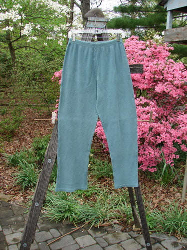 1997 Thermal Bootleg Pant Unpainted Cypress Size 1 hanging outdoors on a clothesline, showcasing its heavy-weight cotton fabric, slightly higher rise, flared lower boot cut, and full elastic waistline.