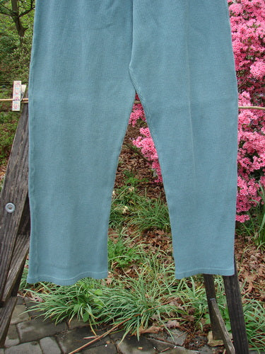 1997 Thermal Bootleg Pant Unpainted Cypress Size 1 hanging on a clothesline outdoors, showcasing a slightly higher rise and flared lower boot cut with a full elastic waistline.