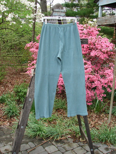 1997 Thermal Bootleg Pant Unpainted Cypress Size 1 hanging on a clothesline, showcasing a heavy-weight cotton thermal fabric with a flared lower boot cut and full elastic waistline.