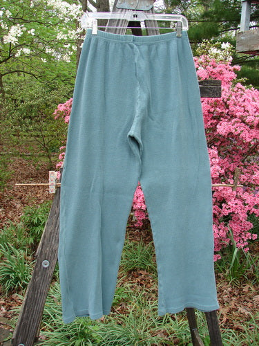 1997 Thermal Bootleg Pant Unpainted Cypress Size 1 hanging on a clothesline, showcasing a slightly flared boot cut, higher rise, and full elastic waistline from the 1997 Holiday Winter Collection.