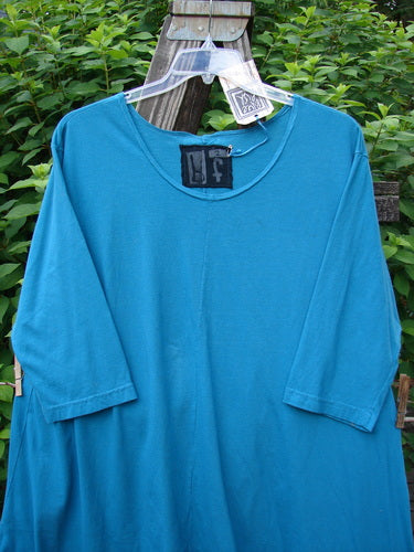 Barclay NWT High Low Top Unpainted Pacific Aqua Size 2 displayed on a hanger, featuring a rounded banded bottom, feminine neckline, and varying hemline with longer three-quarter sleeves.