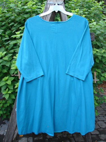Barclay NWT High Low Top Unpainted Pacific Aqua Size 2 displayed on a wooden swing, showcasing its A-line rounded banded bottom, feminine neckline, and three-quarter sleeves, in perfect condition.