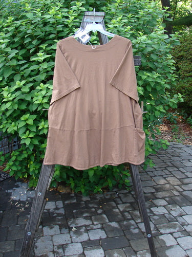 Image alt text: Barclay NWT Be There Top, brown shirt on clothes rack, organic cotton, double paneled neckline, empire waist seam, wide pleats, forever skirt flair, sweet drape and spin, size 2, 54" bust, 56" waist, 60" hips, 32" length.
