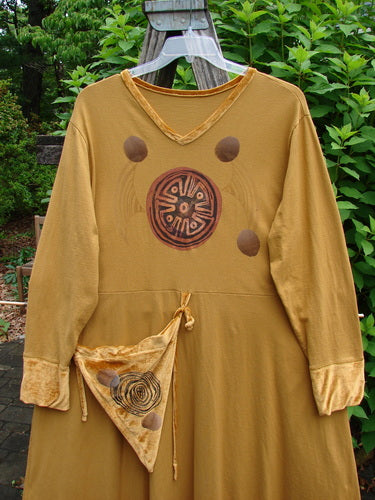 1996 Velvet Ornamental Pocket Dress Celtic Center Gold Size 2 featuring a velvet-accented neck, hem, and sleeve trim. It includes a long velvet tie and a painted hand purse, highlighting its vintage charm.