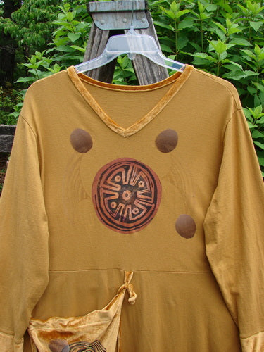 1996 Velvet Ornamental Pocket Dress Celtic Center Gold Size 2 features a sweeping A-line silhouette with velvet-accented neck, hem, and sleeves, and a dramatic hand-painted purse, embodying vintage Blue Fish Clothing style.