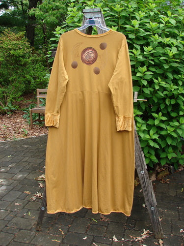 1996 Velvet Ornamental Pocket Dress Celtic Center Gold Size 2 features a sweeping A-line shape, velvet-accented neck, hem, and sleeve trim, with a hand-painted spirograph theme and versatile velvet cord.