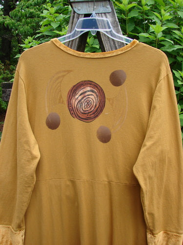 1996 Velvet Ornamental Pocket Dress Celtic Center Gold Size 2 features velvet accents on the neck, hem, and sleeves, with a sweeping A-line shape and spirograph design, embodying Bluefishfinder's vintage style.