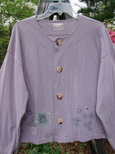 2000 Wide Crop Jacket Dance Flower Hyacinth Size 0 featuring front variegated buttons, an A-line flair, a curved rear drawcord, and a painted flower border, made from mid-weight organic cotton.