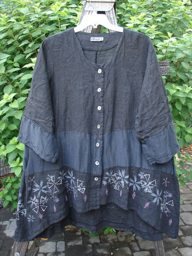 Barclay Linen Wonderland Sectional Banded Cardigan Lucky 4 Black Size 2, featuring a scooped neckline, belled sleeves, horizontal panels, and whimsical floral design.
