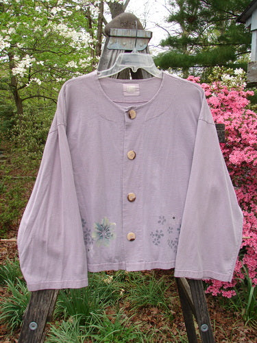 2000 Wide Crop Jacket Dance Flower Hyacinth Size 0 displayed on a hanger, featuring variegated buttons, a wide A-line flair, downward curved rear drawcord, and dance flower border theme paint.