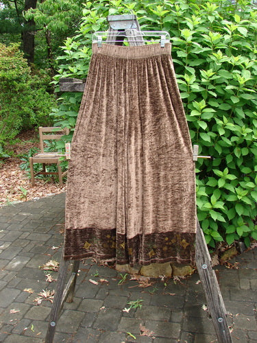 1997 Velvet Cosmos Pant Celtic Path Mandorla Size 2 features stretchy velvet knit with wide kicking lowers, suggestive Celtic painted designs, and a 2-inch elastic waistband, enhancing strut with pocketless design.