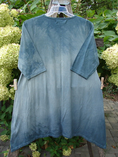 Barclay NWT Wander Tunic Tee Shadow Blossom Mottled Grey Green Size 0; loose-cut, elbow-sleeve tunic with dip-dyed effect, fading from deep blue to bluish-gray, hanging outdoors on a clear plastic hanger.