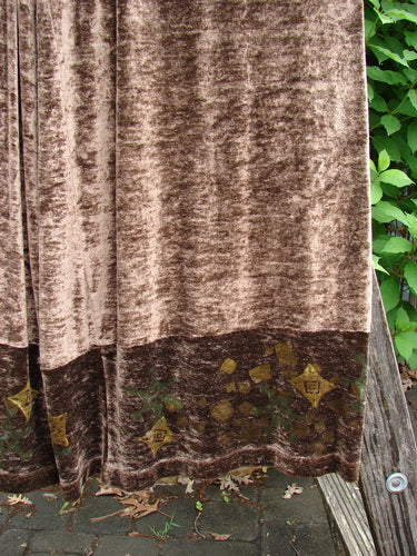 1997 Velvet Cosmos Pant Celtic Path Mandorla Size 2; vintage stretchy velvet with a primitive Celtic path theme, wide kicking lowers, and a full elastic waistband, encapsulating BlueFishFinder's unique style.