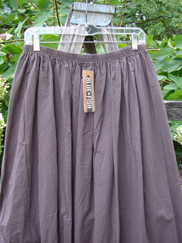 Barclay NWT Batiste Airy Lawn Skirt in muted gray, showcasing a full elastic waist and barrel shape, hangs on a clear hanger outdoors. Brand tag BLUE FISH visible; perfect for versatile styling.