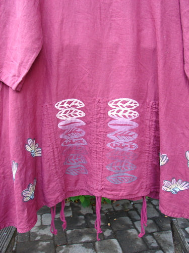 Barclay Linen Venetian High Vent Tunic Dress Cornflower Berry Size 2, featuring a pink fabric with white floral patterns and a softly squared neckline, designed with high side vents and flowing mid-weight linen.