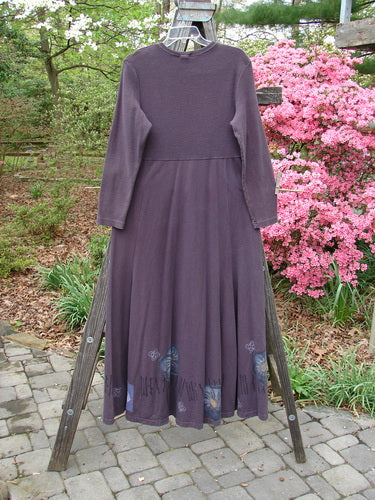 1998 Rib Top Dress Circle Floral Morado Size 1 on a rack, showcasing a thickly ribbed upper bodice, empire waist seam, and a full lower with floral theme paint and sweeping hemline.