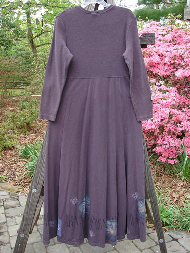 1998 Rib Top Dress Circle Floral Morado Size 1 displayed on a wooden rack, featuring a thickly ribbed upper bodice and sleeves, empire waist seam, and a full, flowing lower section with floral patterns.
