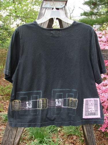 2000 Short Sleeved Crop Tee Transition Black Size 1 featuring a wider neckline, super wide crop box shape, and signature Blue Fish patch, designed with a Sweet Transition theme paint.