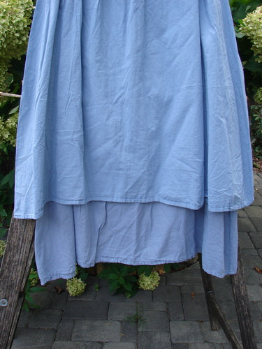 Barclay NWT Batiste Two Story Shaunting Skirt Side Floral Sky Size 0, showcasing a pale-blue, double-layered design with a flowing silhouette, draped over wood with hydrangea blooms in the background.