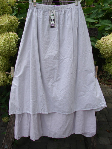 Barclay NWT Batiste Two Story Shaunting Skirt, displayed outdoors, features a light blue over white double-layered design with a full elastic waist and pinstriped underskirt, embodying Bluefishfinder.com's vintage style.