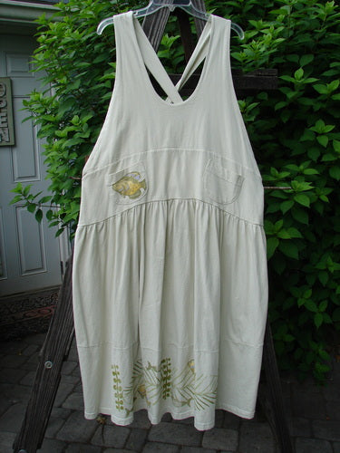 1999 NWT Tadpole Jumper Single Gold Fish Sky Natural OSFA: Organic cotton white dress with adjustable shoulder straps, sweeping hemline, criss cross lower back, two round-bottomed pockets, and a gold fish design.