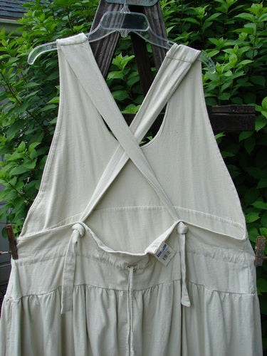 1999 NWT Tadpole Jumper Single Gold Fish Dawn Natural OSFA hanging on a clothesline, showcasing adjustable shoulder straps, sweeping hemline, criss-cross back, and round-bottomed pockets.