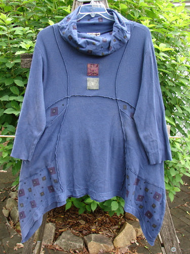 Barclay Patched Thermal Reverse Stitch Pocket Dress Royal Blue Size 0 features a cowl neck, exterior stitchery, sectional panels, flutter hemline, empire seam, and painted patches, embodying Blue Fish's vintage style.