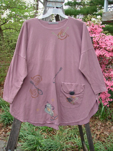 1996 Long Sleeved Pop Top Tea Time Laurel OSFA, showcasing a rounded hemline, scooped rolled neckline, drop shoulders, oversized front pocket, and rear drawcord back, made from mid-weight organic cotton.