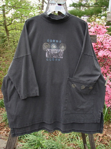 1996 Message Top Turn Path Black Size 3 featuring a ribbed mock turtleneck, drop shoulders, oversized front pocket, in-seam side pocket, abstract design, and a signature Blue Fish patch.