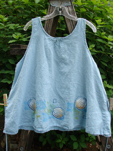 2000 Hemp Flared Tank Tumble Blue Jet Size 2 features a distinctive A-line flare, scooped neckline, and unique hemline paint, reflecting BlueFishFinder's vintage, expressive style.