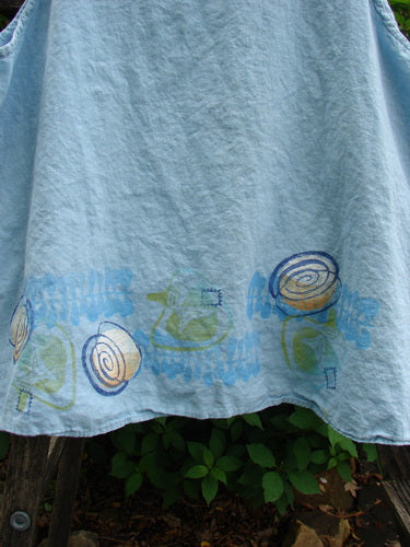 2000 Hemp Flared Tank Tumble Blue Jet Size 2: A vintage, elegantly flared tank with a scoop neckline, continuous hemline paint in the tumble path theme, and tie string for adjustable fit.