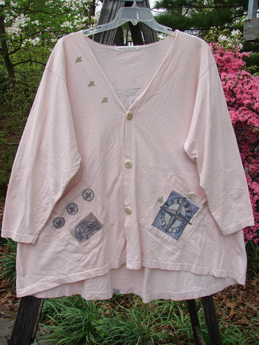 1996 Triangle Cardigan Travel Blue Fish Birch Bark OSFA with patches, deep V neckline, angled pockets, and Blue Fish stamp on lower back hem, displayed on a mannequin.