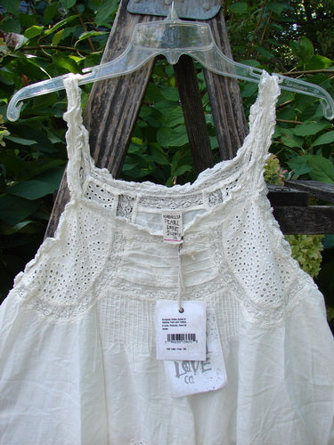 Magnolia Pearl NWT Embroidered Eyelet Cotton Clementine Tank True OSFA, showcasing crinkled cotton with eyelet lace detailing, pintucked accents, and an A-line shape, displayed on a clear hanger outdoors.