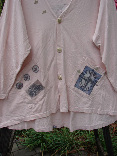 1996 Triangle Cardigan Travel Blue Fish Birch Bark OSFA featuring a deep V neckline, angled front pockets, and signature Blue Fish Stamp at the lower back hem, in perfect condition.