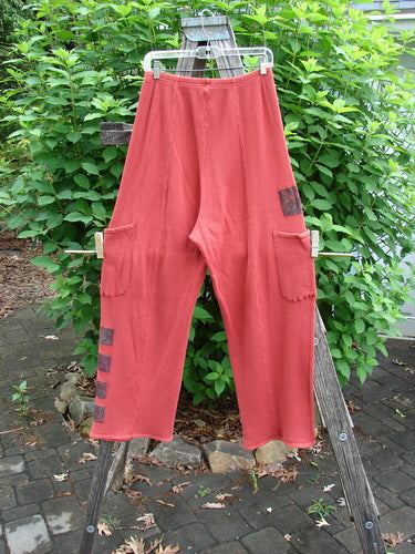Barclay Thermal Patched Pottery Pant Leaf Sienna Size 1, featuring a full elastic waistband, vertical stitchery, painted leaf patches, flat tape accents, and deep exterior pockets, embodying Bluefishfinder.com's unique vintage style.