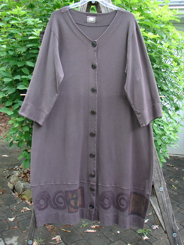 2000 Interlock Glassgow Coat Dress Continuous Celtic Peat Size 0 features oversized buttons, a painted bottom panel, V neckline, swingy hem, and Celtic theme, embodying BlueFishFinder's vintage aesthetic.