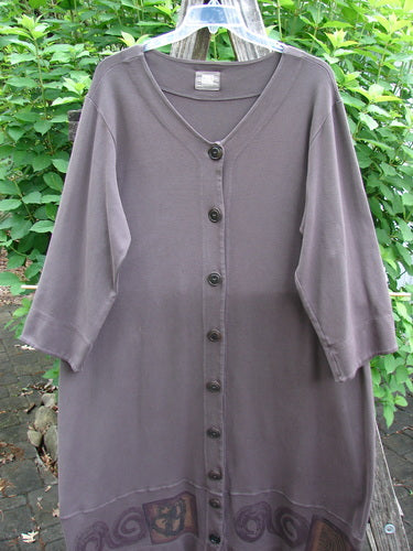 2000 Interlock Glassgow Coat Dress Continuous Celtic Peat Size 0 featuring oversized buttons, a painted bottom panel, wide swing hem, and Celtic theme paint, embodying Blue Fish Clothing's creative, vintage aesthetic.