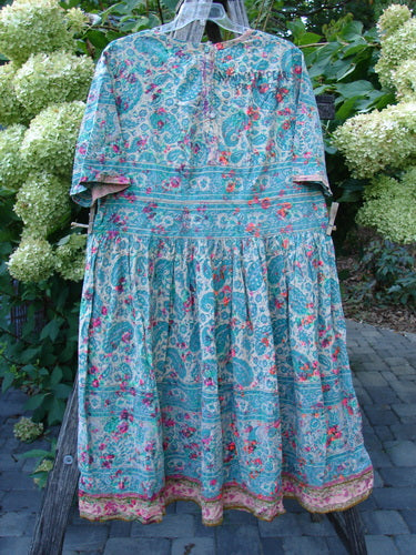 Magnolia Pearl NWT European Cotton Block Print Taigi Dress Demi OSFA features pintucks, pleats, and ric rack accents. Displayed outdoors, the dress showcases a sweeping hemline and floral paisley print.