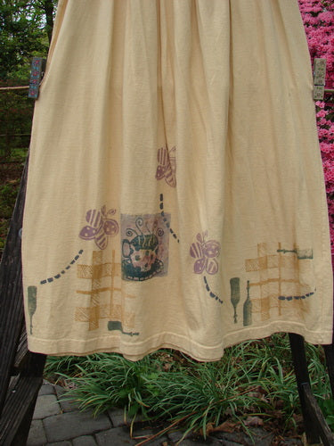 1995 Smocked Skirt Garden Tea Glint Size 2 featuring an intricate garden tea pattern with smocking at the waist and a ruffled top, showcasing vintage Blue Fish Clothing's signature style.