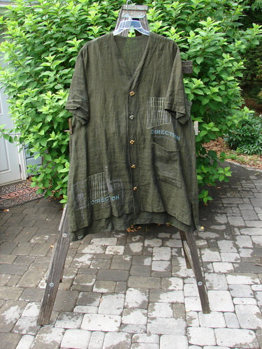 2000 Cross Dye Linen Downtown Jacket Directional Oregano Size 2 on a swinger, showcasing its A-line shape, oversized pocket, and shimmery mid-weight linen with ceramic glazed buttons.