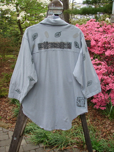 1994 Reprocessed Work Shirt Topiary Moon Solstice Blue OSFA with painted breast pocket, pointed collar, deep drop shoulders, rounded shirttail, and Blue Fish buttons, featuring topiary and moon theme paint.