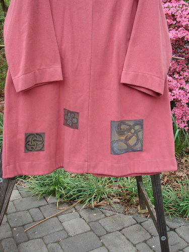 2000 Patched Wool Nora Coat in Pastel Geranium, Size 0, featuring brightly painted patches, scalloped button line and collar, two front pockets, and four oversized vintage buttons.