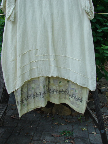 Barclay Hemp Silk Triangular Two Tier Dress Star Wind Citron Size 2 features a unique V-shaped neckline, pinched accents, three-quarter sleeves, and a varying hemline, embodying vintage Blue Fish creativity.