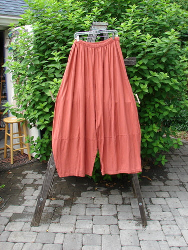 Barclay 4 Square Pant Unpainted Fall Pumpkin Size 2 displayed on a clothes rack, showcasing unique 3D diamond cut from the knee down, made from lightweight organic cotton.