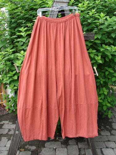 Barclay 4 Square Pant in Pumpkin, hanging on a clothesline, showcasing unique 3D diamond cut from knee down and pocketless sway, perfect for fall. Organic cotton, size 2.