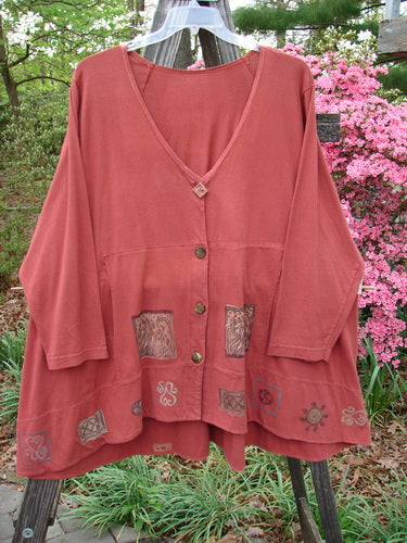 1993 Modernismo Cardigan Growth Woodberry Altered OSFA, featuring a unique pattern, old-time buttons, kangaroo pockets, drawcord back, and oversized patch, showcased from the Fall Collection of 1993.